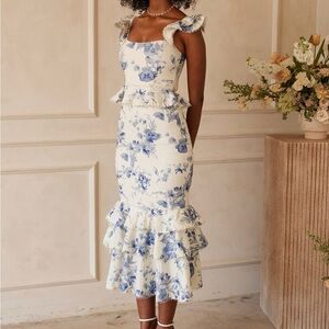 V. Chapman - Violet Floral Print Ruffle Midi Dress Blue